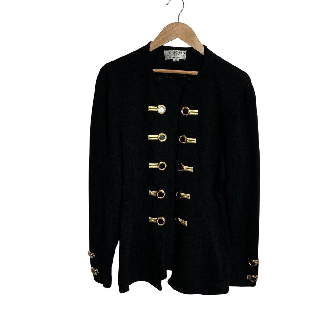 St. John Vintage Santana Knit Black Gold Open Front Sweater Jacket Old Money